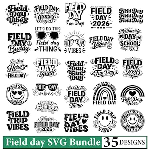 Può includere: Una collezione di 35 design grafici digitali in bianco e nero con il testo Field Day, Field Day Vibes, Field Day Squad e Field Day 2026. I design includono icone come occhiali da sole, arcobaleni, faccine sorridenti, segni di pace e attrezzature sportive.