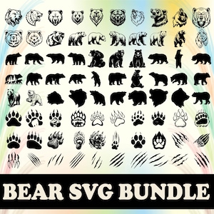 Puede incluir: Una colección de diseños SVG con temática de osos. La imagen presenta varias ilustraciones de osos, incluyendo caras de osos, siluetas, huellas de patas y marcas de garras. El texto "BEAR SVG BUNDLE" está en la parte inferior.