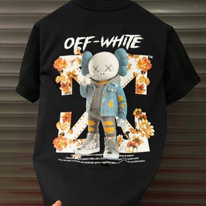 Cremefarbenes T-Shirt mit schwarzem Grafikprint: Baumwolljersey, Herren-Sommer-Freizeitkleidung