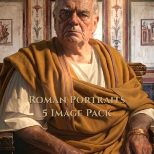 Può includere: Ritratto di un uomo in toga color senape con finiture viola, seduto su una sedia decorativa. L'immagine include il testo "ROMAN PORTRAITS 5 IMAGE PACK". Lo sfondo presenta affreschi in stile romano.