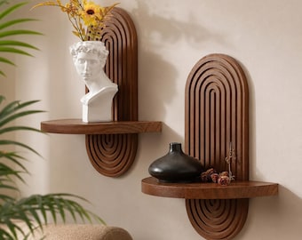 Juego de 2 estantes de pared flotantes arqueados, estante de pared moderno de madera, estante de exhibición con arcoíris