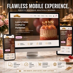 May include: A website design showcasing a bakery's online presence on a desktop computer, smartphone, and tablet. The website features a cake with candles, and the text "Luxury Cakes Crafted to Perfection."
