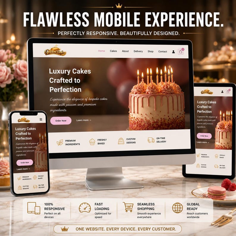 May include: A website design showcasing a bakery's online presence on a desktop computer, smartphone, and tablet. The website features a cake with candles, and the text "Luxury Cakes Crafted to Perfection."