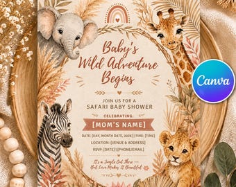 Convite para Chá de Bebê Safari Neutro | Modelos Editáveis e Imprimíveis do Canva com o Nome da Mamãe | Animais em Aquarela