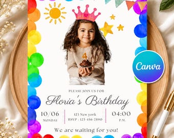 Rainbow Photo Birthday Invitation Template | Editable Canva Kids Party | Birthday Invite