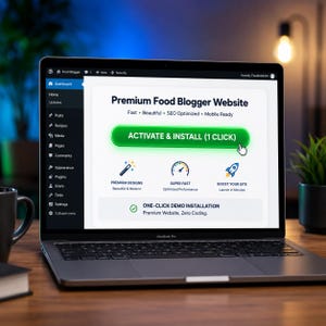 Pode incluir: Um laptop MacBook Pro exibe a interface de um site para um site de blogueiro de comida premium. A tela mostra "Premium Food Blogger Website" e um bot&atilde;o verde "Activate & Install (1 Click)". O laptop est&aacute; em uma superf&iacute;cie de madeira.