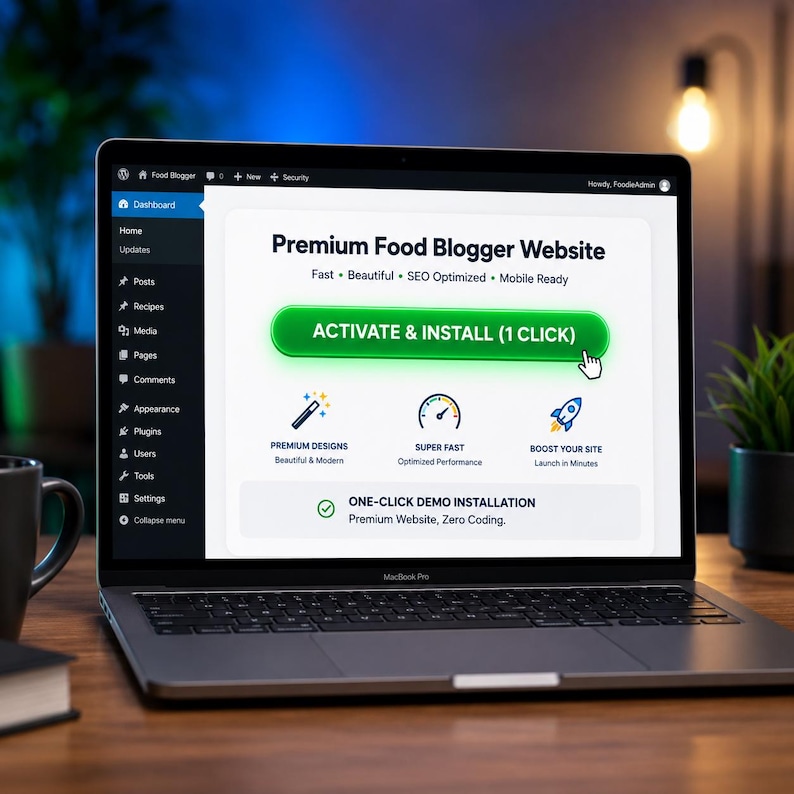 Pode incluir: Um laptop MacBook Pro exibe a interface de um site para um site de blogueiro de comida premium. A tela mostra "Premium Food Blogger Website" e um bot&atilde;o verde "Activate & Install (1 Click)". O laptop est&aacute; em uma superf&iacute;cie de madeira.