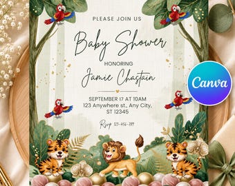 Convite para Chá de Bebê com Tema Safari | Modelo Editável no Canva com Tema de Selva | Convite para Bebê com Tema Animal Selvagem