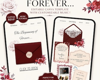 Wedding Website Template | Burgundy Ivory Floral Invitation | Editable Canva Digital Invitation with RSVP