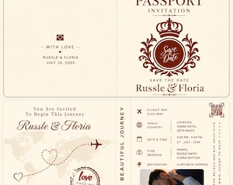 Wedding Passport Invitation Template | Destination Save the Date | Vintage Travel Theme Editable Canva | Digital Download