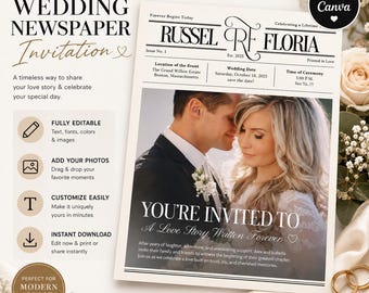 Wedding Newspaper Invitation | Editable Program, Itinerary (Digital Download)