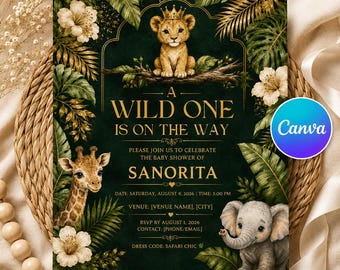 Modelo de convite para chá de bebê com tema de selva real | Convite com animais da savana em dourado | Imprimível em Canva verde escuro