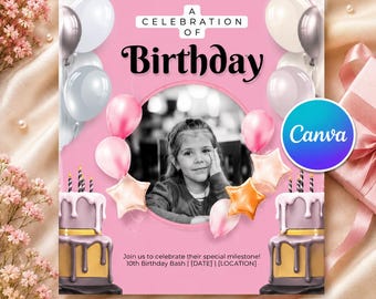 Pink Birthday Invitation Template with Photo | Kids Balloon Party Invite | Editable Canva Printable