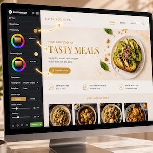 Pode incluir: Um monitor de computador exibe uma interface de design de site para "Daily Recipe Co.". O site apresenta um blog de culin&aacute;ria com imagens de refei&ccedil;&otilde;es. A interface mostra paletas de cores, op&ccedil;&otilde;es de tipografia e estilos de bot&otilde;es para personaliza&ccedil;&atilde;o. O tema do site &eacute; "Tasty Meals."