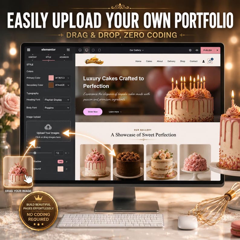 May include: A computer monitor displaying a website design interface with the text "EASILY UPLOAD YOUR OWN PORTFOLIO" and "DRAG & DROP, ZERO CODING". The website showcases cakes, with the text "Luxury Cakes Crafted to Perfection". A whisk and keyboard are in the foreground.