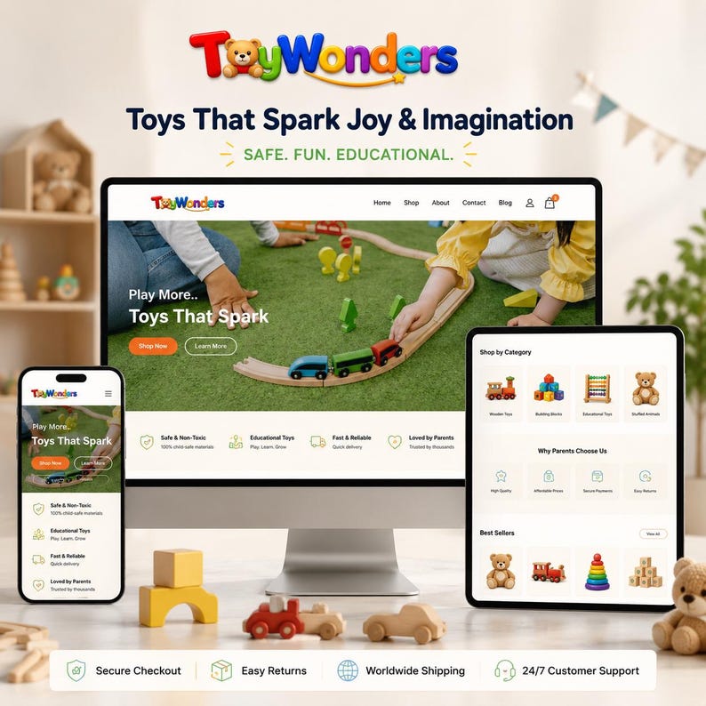 May include: A website display for "Toy Wonders" with the slogan "Toys That Spark Joy & Imagination." The image shows a computer, tablet, and phone displaying the website, alongside wooden toy cars and a train set.