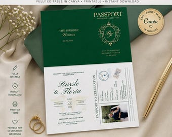 Emerald Green Passport Wedding Invitation | Destination Travel Boarding Pass (Digital Download)