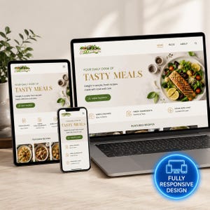Pode incluir: Um laptop, um tablet e um smartphone exibem um site com o texto "YOUR DAILY DOSE OF TASTY MEALS". O site apresenta imagens de comida e as palavras "VIEW RECIPES". Um c&iacute;rculo azul com o texto "FULLY RESPONSIVE DESIGN" &eacute; vis&iacute;vel.