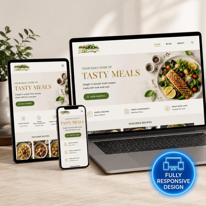 Pode incluir: Um laptop, um tablet e um smartphone exibem um site com o texto "YOUR DAILY DOSE OF TASTY MEALS". O site apresenta imagens de comida e as palavras "VIEW RECIPES". Um c&iacute;rculo azul com o texto "FULLY RESPONSIVE DESIGN" &eacute; vis&iacute;vel.