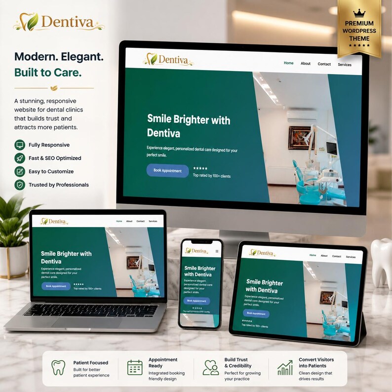 Może przedstawiać: Projekt strony internetowej dla kliniki stomatologicznej, wyświetlany na laptopie, monitorze stacjonarnym, tablecie i smartfonie. Strona internetowa ma schemat kolor&oacute;w w kolorze morskim i białym z tekstem "Smile Brighter with Dentiva". Projekt jest responsywny i zoptymalizowany pod kątem SEO.