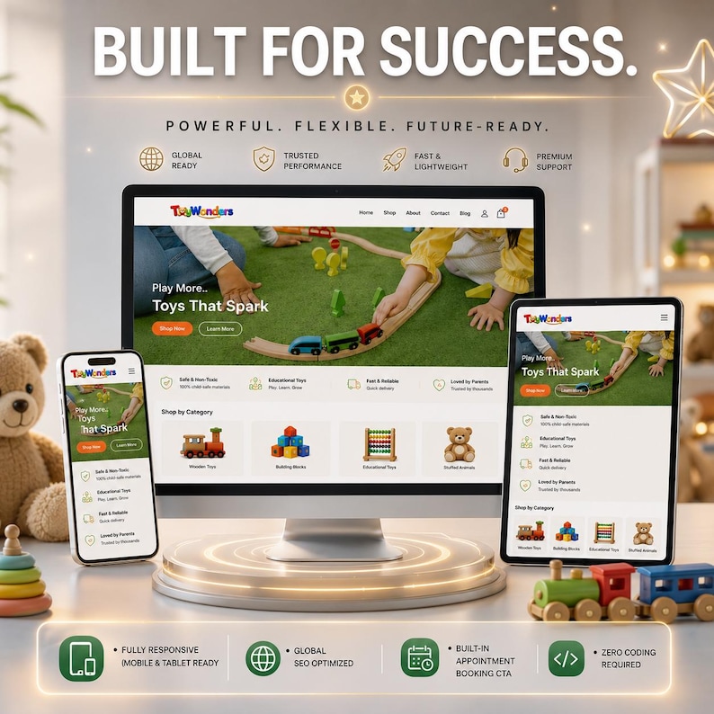 May include: A digital marketing image displaying a website on a desktop computer, smartphone, and tablet. The website, "Toy Wonders," features toys, including a wooden train set. The tagline reads "Built for Success."