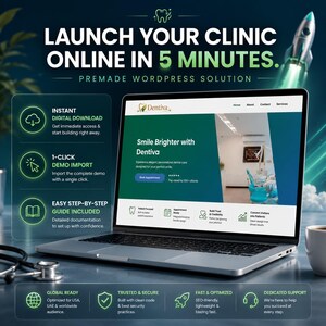 Może przedstawiać: Laptop wyświetla stronę internetową dla kliniki stomatologicznej z tekstem "Uruchom swoją klinikę online w 5 minut." Ekran pokazuje stronę internetową o nazwie "Dentiva" i hasło "Uśmiechaj się jaśniej z Dentiva."