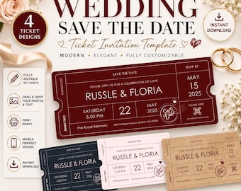 Wedding Save the Date Ticket Invitation Template | Travel Theme, Destination Wedding (Digital Download)