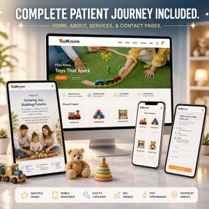 May include: A website design for Toy Wonders, displayed on a desktop computer and two smartphones. The website showcases toys, including a wooden train, a teddy bear, and a colourful stacking toy. Text on the screen reads "Play More... Toys That Spark."