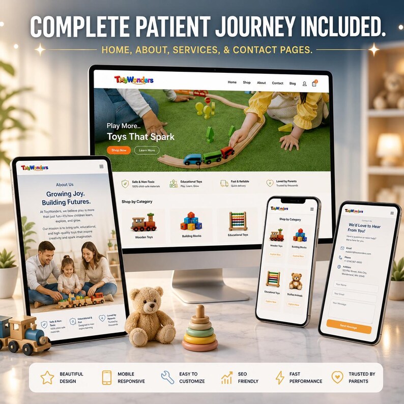 May include: A website design for Toy Wonders, displayed on a desktop computer and two smartphones. The website showcases toys, including a wooden train, a teddy bear, and a colourful stacking toy. Text on the screen reads "Play More... Toys That Spark."