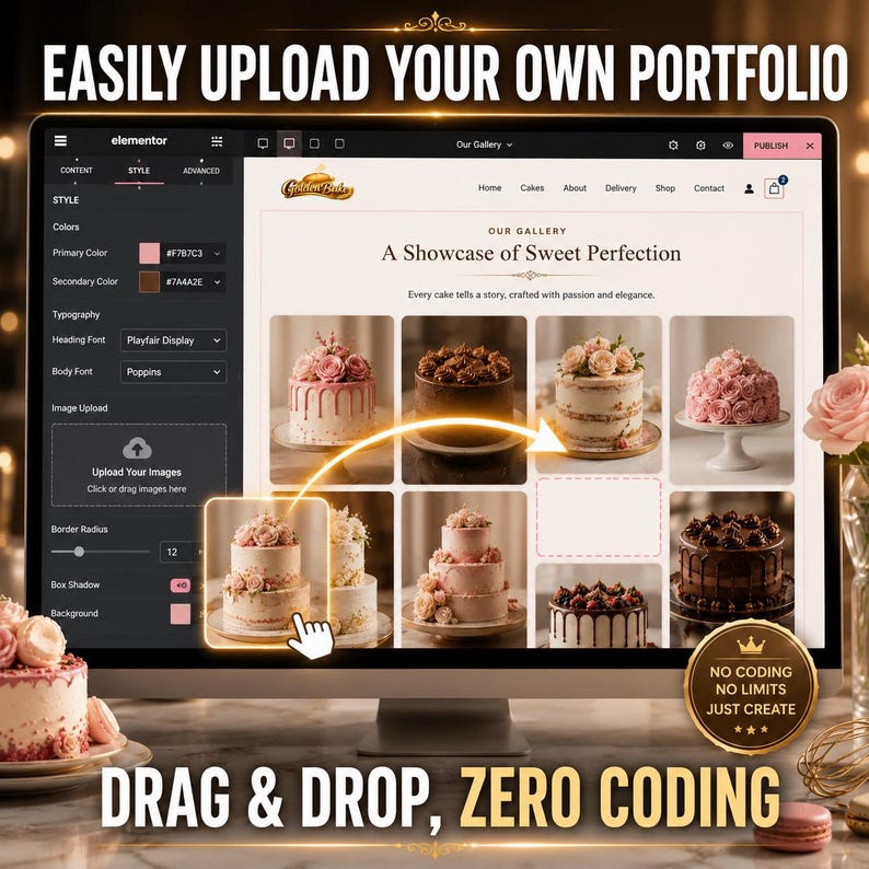 May include: A computer screen displays a website interface showcasing cake designs. The screen shows the Elementor interface with options for style and content. Text on the screen reads "Easily Upload Your Own Portfolio" and "Drag & Drop, Zero Coding."