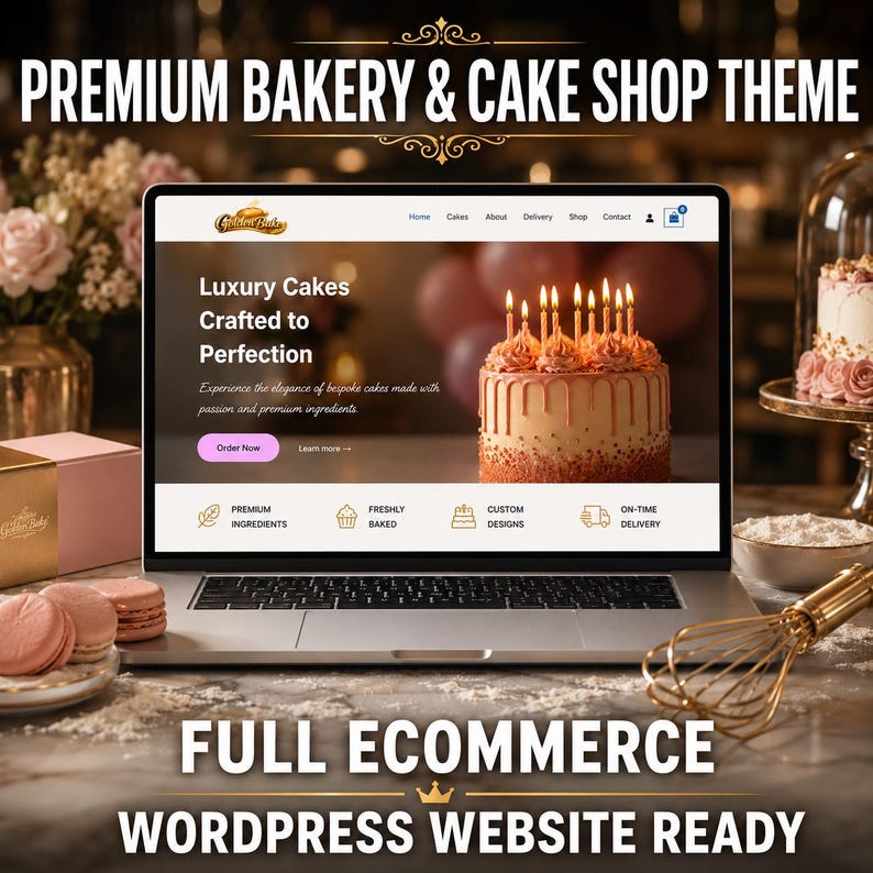 May include: A laptop displays a bakery website theme with the text "PREMIUM BAKERY & CAKE SHOP THEME." The website showcases a cake with candles. The screen also shows the text "Luxury Cakes Crafted to Perfection" and "FULL ECOMMERCE WORDPRESS WEBSITE READY."