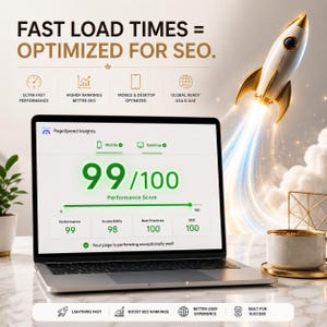 Pode incluir: Um ecr&atilde; de laptop mostra uma pontua&ccedil;&atilde;o PageSpeed Insights de 99/100, com o texto "FAST LOAD TIMES = OPTIMIZED FOR SEO." Um gr&aacute;fico de foguete e &iacute;cones de desempenho, SEO e experi&ecirc;ncia do usu&aacute;rio tamb&eacute;m s&atilde;o exibidos.