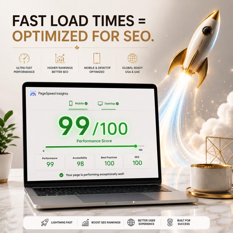 Pode incluir: Um ecr&atilde; de laptop mostra uma pontua&ccedil;&atilde;o PageSpeed Insights de 99/100, com o texto "FAST LOAD TIMES = OPTIMIZED FOR SEO." Um gr&aacute;fico de foguete e &iacute;cones de desempenho, SEO e experi&ecirc;ncia do usu&aacute;rio tamb&eacute;m s&atilde;o exibidos.