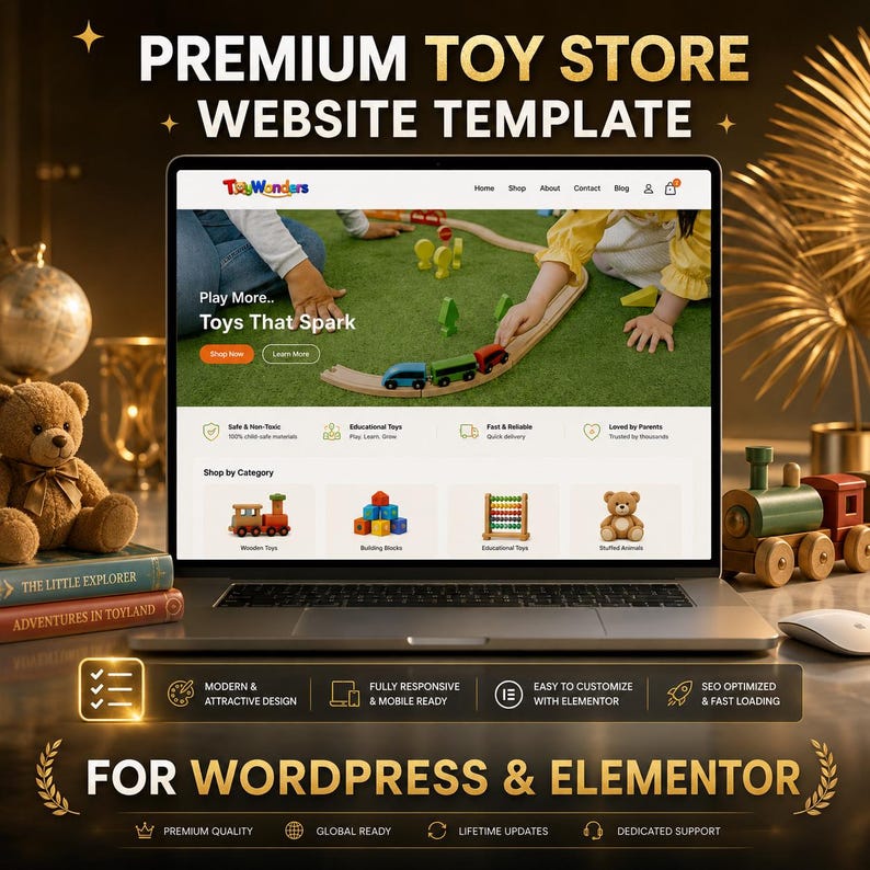 May include: A laptop screen showcases a website template for a premium toy store, featuring a child playing with toy trains. The text on the screen reads "Play More... Toys That Spark." A teddy bear and toy train are on the table.