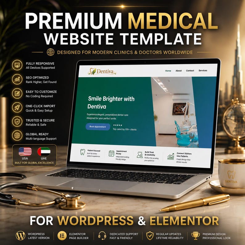 Może przedstawiać: Laptop wyświetla szablon strony internetowej dla klinik medycznych z tekstem "PREMIUM MEDICAL WEBSITE TEMPLATE". Ekran pokazuje stronę internetową kliniki dentystycznej ze słowami "Smile Brighter with Dentiva". Na stole leżą długopis, filiżanka kawy i stetoskop.