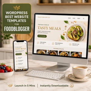 Pode incluir: Um monitor de computador e um smartphone exibem um design de site para blogueiros de comida, com o texto "Tasty Meals". Um teclado, uma x&iacute;cara de caf&eacute; e uma tigela de frutas vermelhas tamb&eacute;m s&atilde;o vis&iacute;veis. A imagem tamb&eacute;m inclui o texto "WordPress Best Website Templates for Foodblogger."