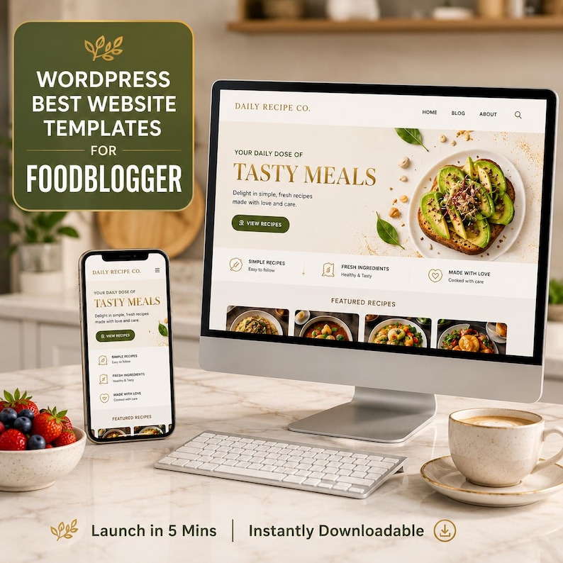 Pode incluir: Um monitor de computador e um smartphone exibem um design de site para blogueiros de comida, com o texto "Tasty Meals". Um teclado, uma x&iacute;cara de caf&eacute; e uma tigela de frutas vermelhas tamb&eacute;m s&atilde;o vis&iacute;veis. A imagem tamb&eacute;m inclui o texto "WordPress Best Website Templates for Foodblogger."