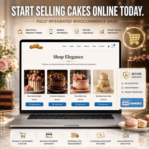 May include: A laptop displays a website for selling cakes online, with images of various decorated cakes. The screen shows a "Shop Elegance" page with options to add to cart. Text at the top reads "Start Selling Cakes Online Today."