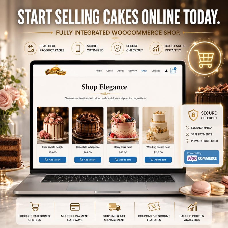 May include: A laptop displays a website for selling cakes online, with images of various decorated cakes. The screen shows a "Shop Elegance" page with options to add to cart. Text at the top reads "Start Selling Cakes Online Today."