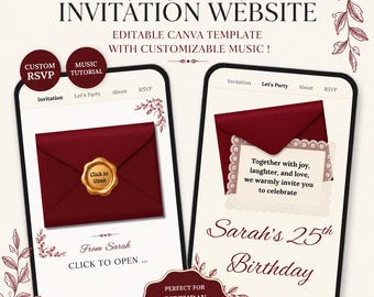 Birthday Website Template | Burgundy Cream Editable Invite | Editable Canva Digital Invitation with RSVP