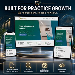 Może przedstawiać: Projekt marketingu cyfrowego dla gabinetu stomatologicznego, prezentujący interfejs strony internetowej i aplikacji mobilnej. Projekt zawiera tekst "BUILT FOR PRACTICE GROWTH" i "Smile Brighter with Dentiva". Projekt jest w pełni responsywny, zoptymalizowany pod kątem SEO i zawiera wbudowany przycisk CTA do rezerwacji wizyt.