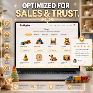 May include: A laptop screen shows an online toy shop with a range of wooden toys, such as a train set, building blocks, and a teddy bear. The website design is clean and features icons promoting safe materials and fast delivery worldwide.