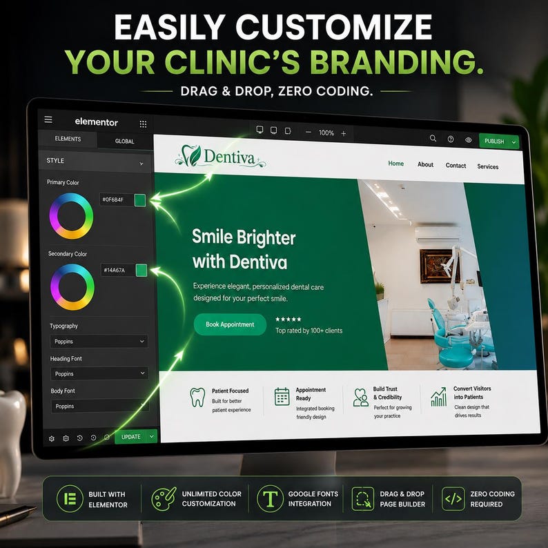 Może przedstawiać: Ekran komputera wyświetla interfejs projektowania stron internetowych z tekstem "EASILY CUSTOMIZE YOUR CLINIC'S BRANDING." Strona internetowa ma zielono-białą kolorystykę z logo Dentiva. Interfejs zawiera elementy projektu i opcje dostosowywania.