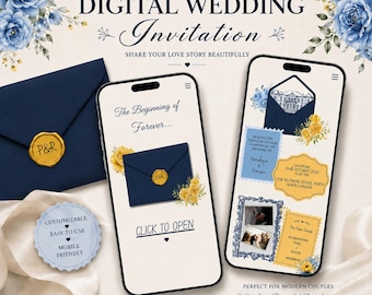 Wedding Website Template Canva | Navy Blue & Mustard Yellow wedding invitations | Mobile RSVP | Vintage Floral