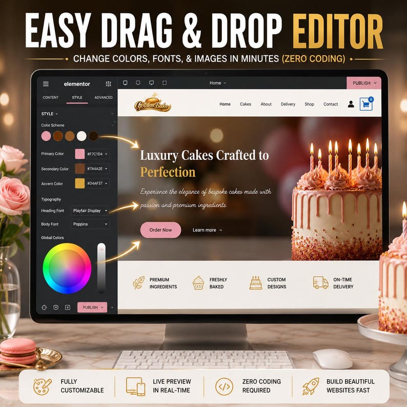 May include: A computer screen displaying a website editor interface with the text "EASY DRAG & DROP EDITOR." The interface shows color options, fonts, and a cake website design. The text "Luxury Cakes Crafted to Perfection" is visible.