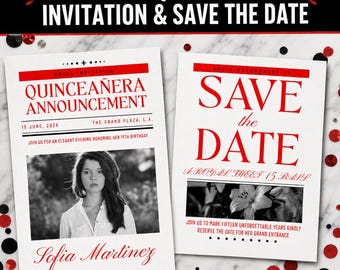 Quinceañera Invitation & Save the Date Template | Editable Canva Photo Invite (Digital Download)