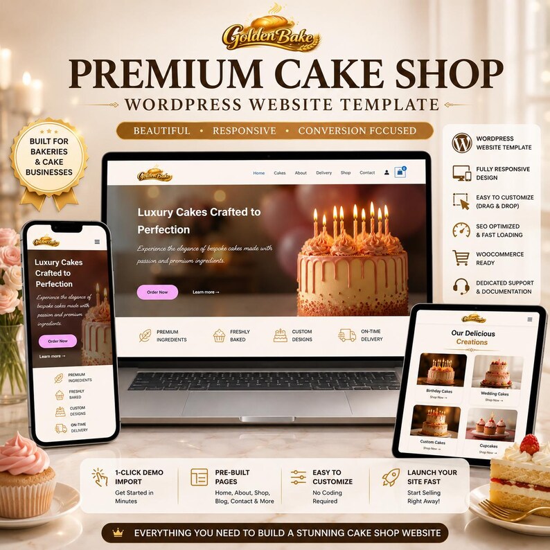 May include: A promotional image for a WordPress website template for a premium cake shop. The image features a laptop, smartphone, and tablet displaying the website design. Text includes "Premium Cake Shop" and "Luxury Cakes Crafted to Perfection."
