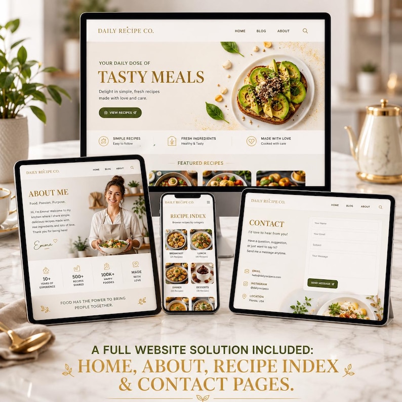 Pode incluir: Uma maquete digital de um design de site, exibida em um computador desktop, um tablet e um smartphone. O site apresenta um blog de culin&aacute;ria com receitas, incluindo uma p&aacute;gina inicial com o texto "Tasty Meals" e uma foto de torradas de abacate.