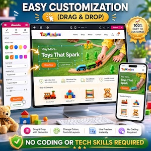 May include: A digital marketing image showing a website design interface for an e-commerce toy store. The design features a desktop computer, a tablet, and a smartphone, all displaying the website. The text reads "Easy Customisation" and "No Coding or Tech Skills Required."