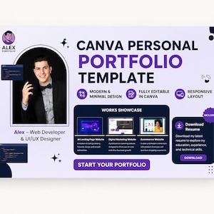 Personlig portfolio Canva-webbplatsmall för utvecklare och designers | Redigerbar CV-webbplats för projektfärdigheter